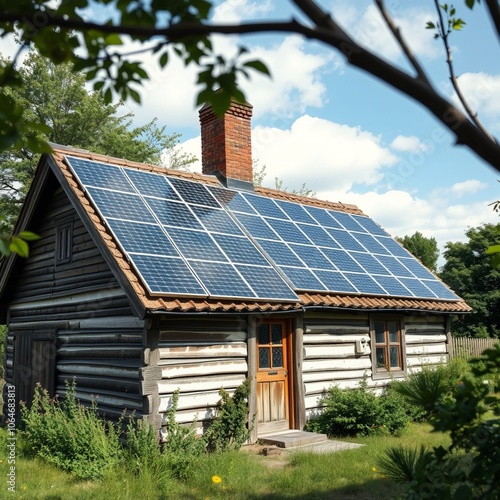 Old-style cottage with newly installed solar panels, shot in an artistic angle showing the contrast between old and new photo