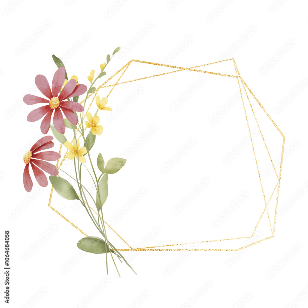 Geometric gold frame with flowers. Watercolor hand drawing floral golden border with place for text, with bouquet. Isolated on white background. Geometric gold frame with flowers. Watercolor hand drawing floral golden border with place for text, with bouquet. Isolated on white background.