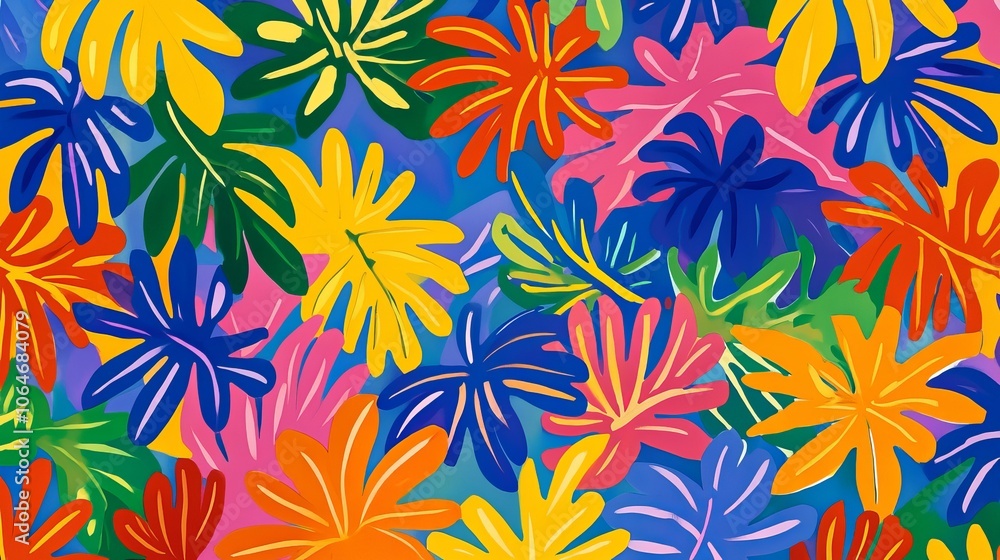 Abstract Floral Background: Seamless Pattern of Palm Leaves in Matisse Style Abstract Floral Background: Seamless Pattern of Palm Leaves in Matisse Style