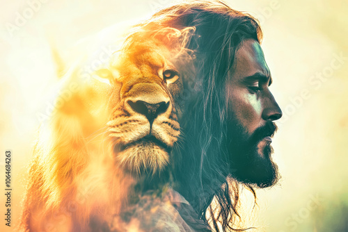 Handsome Jesus with long hair stands powerfully beside a majestic lion in a striking double exposure effect with vibrant colors and smoke photo