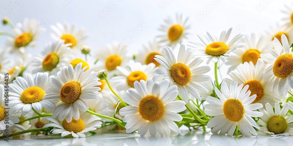 Obraz premium Wide-angle view of beautiful daisies on white chamomile flowers background