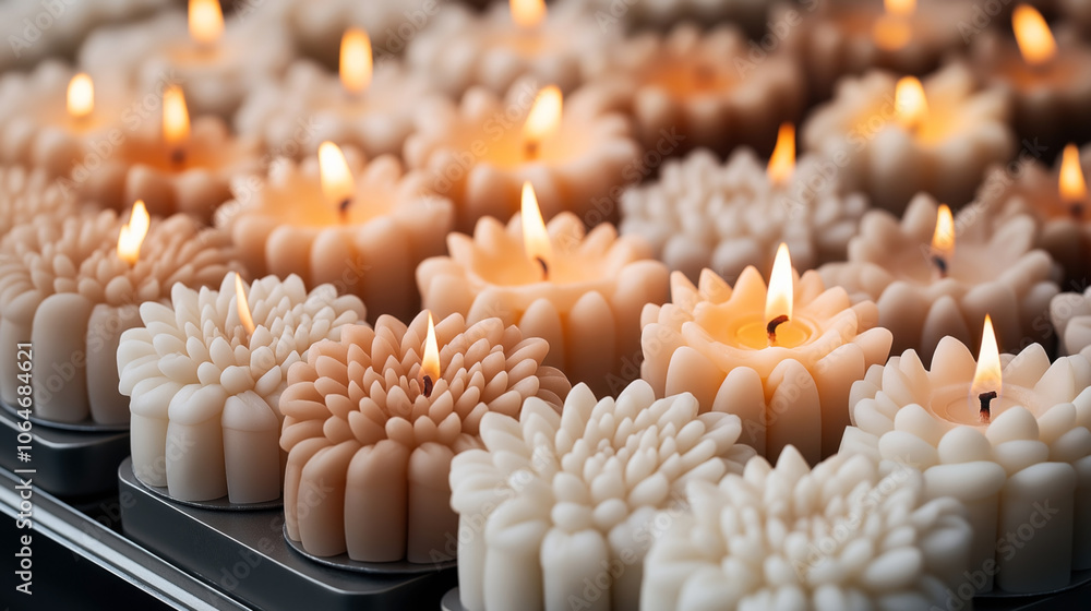 Close-up view of decorative flower-shaped candles with flames in a soft gradient of beige and cream colors, arranged in neat rows on a dark surface. Close-up view of decorative flower-shaped candles with flames in a soft gradient of beige and cream colors, arranged in neat rows on a dark surface.