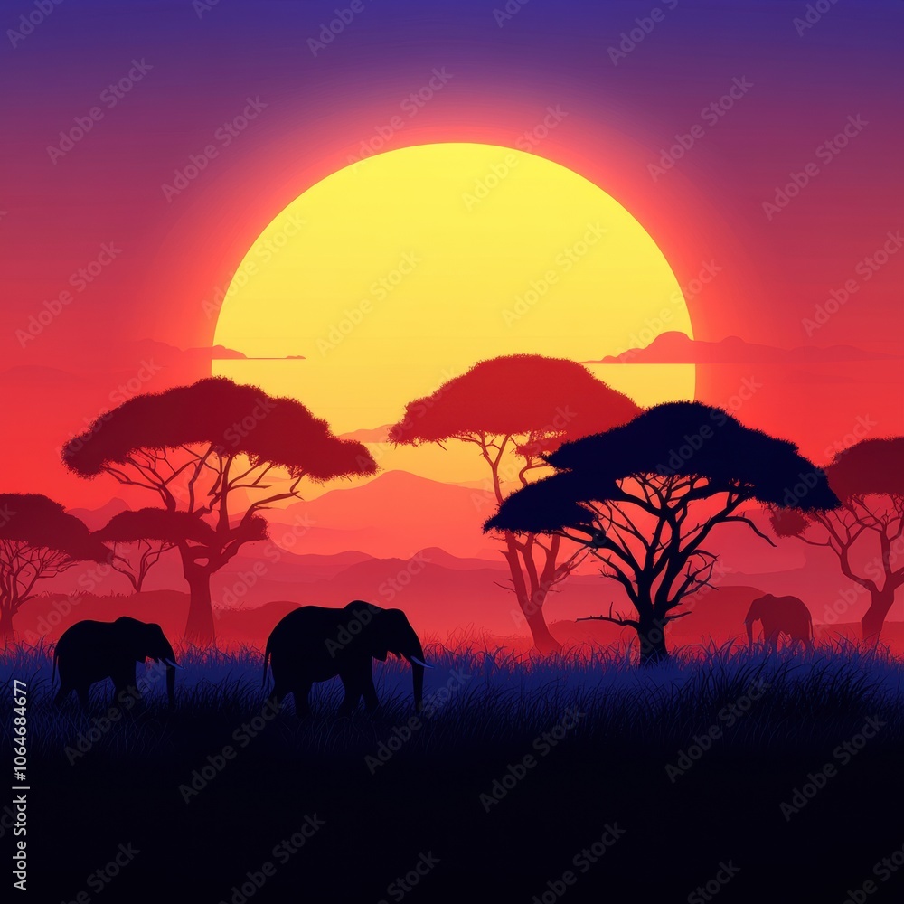 Silhouetted elephants roam beneath a vibrant sunset in a serene landscape. Silhouetted elephants roam beneath a vibrant sunset in a serene landscape.