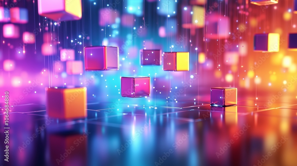 Colorful abstract digital cubes floating in a vibrant space with glowing lights creating a futuristic atmosphere Colorful abstract digital cubes floating in a vibrant space with glowing lights creating a futuristic atmosphere