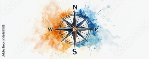 Find your way with this Nautical Compass Rose Watercolor Illustration Vibrant Blue and Orange photo