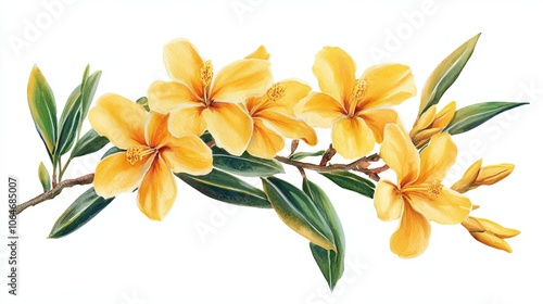 Vibrant Tropical Flowers: Watercolor Illustration of Yellow Flower Branches on White Background