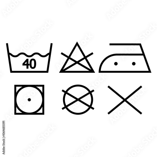 An illustration depicting a set of black icons for clothes (washing, ironing, etc.) on a white background