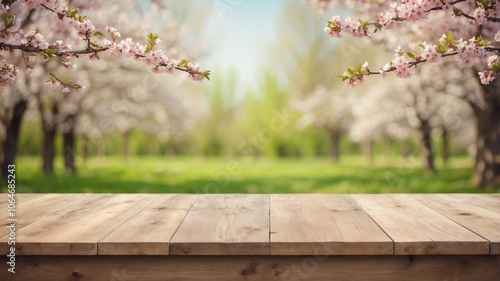 Spring landscape on empty wooden table background, for product placement and advertising, space for text