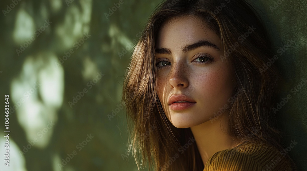 Young woman with natural beauty poses against a green textured wall in soft sunlight Young woman with natural beauty poses against a green textured wall in soft sunlight