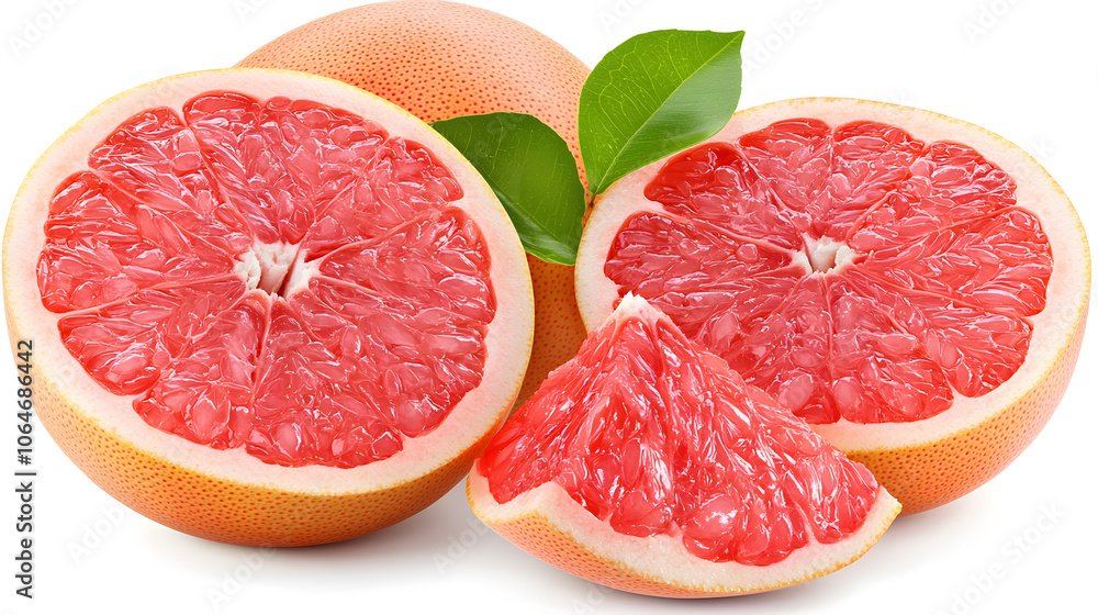 Fresh pink grapefruit slices with green leaves Fresh pink grapefruit slices with green leaves