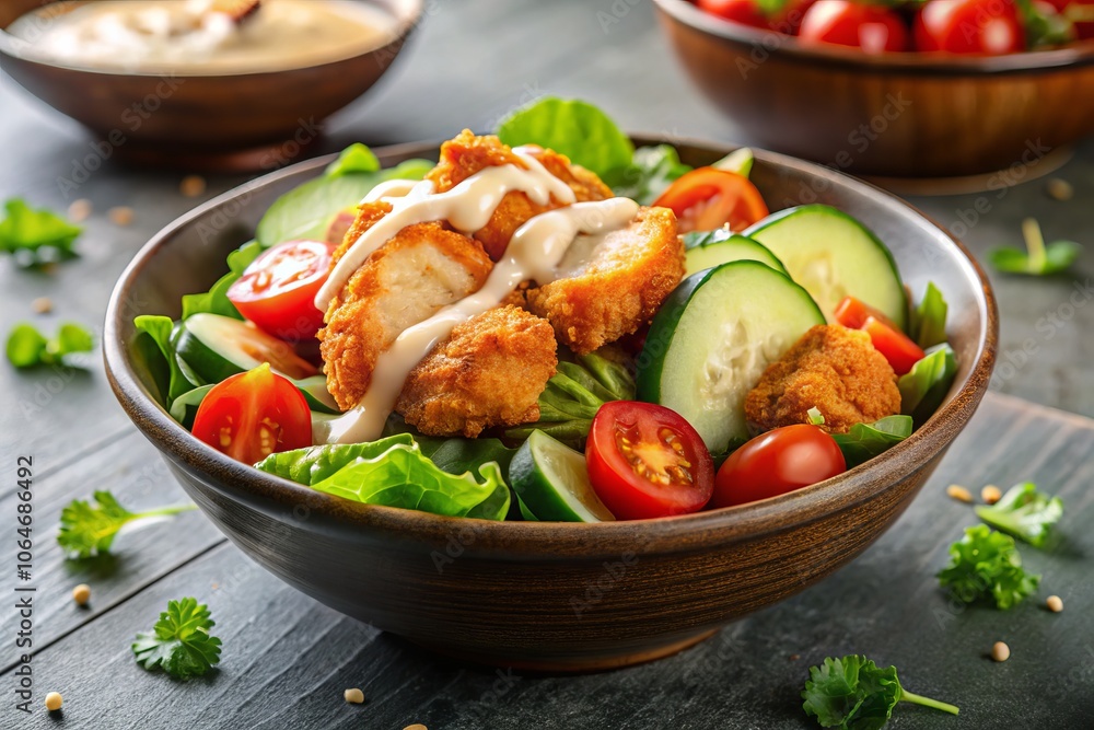 Delicious Flour Fried Chicken Salad with Fresh Vegetables, Cucumber, and Tomato, Drizzled with Sesame Mayonnaise in a Stylish Bowl, Perfect for Healthy Eating Delicious Flour Fried Chicken Salad with Fresh Vegetables, Cucumber, and Tomato, Drizzled with Sesame Mayonnaise in a Stylish Bowl, Perfect for Healthy Eating