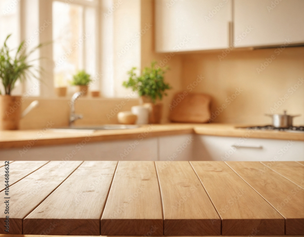 Empty wooden table with the bright white interior of the kitchen as a blurred background behind the bokeh golden sunshine Empty wooden table with the bright white interior of the kitchen as a blurred background behind the bokeh golden sunshine