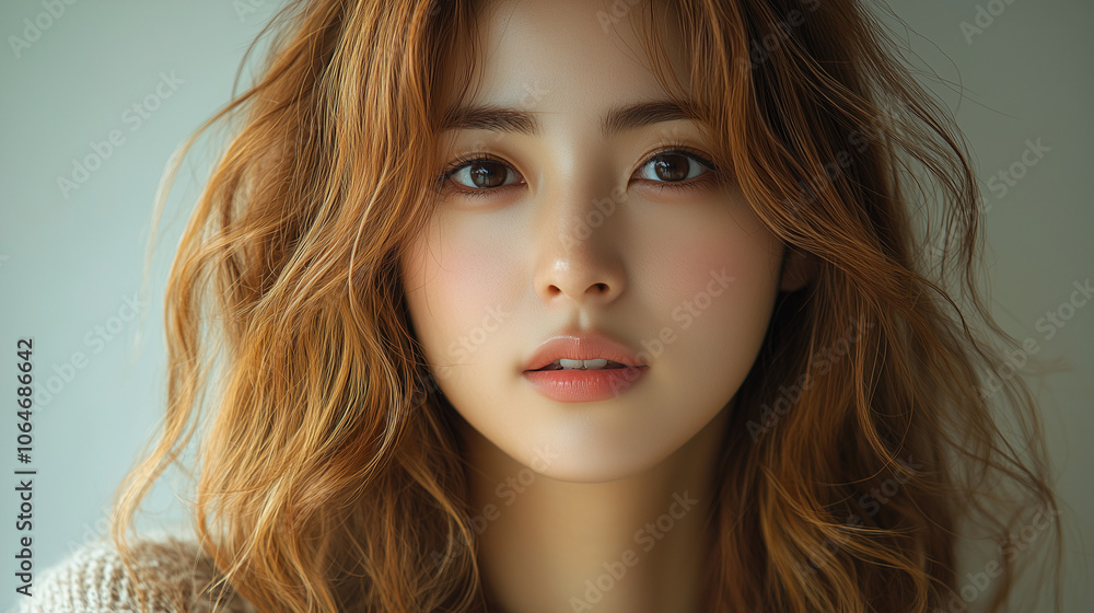 Young Korean woman with wavy hair posing thoughtfully against a light background during a calm morning Young Korean woman with wavy hair posing thoughtfully against a light background during a calm morning