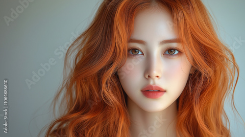 A close-up portrait of a woman with vibrant orange hair and natural makeup in a simple, softly lit environment