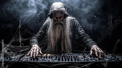 DJ with long hair in smoke atmosphere photo