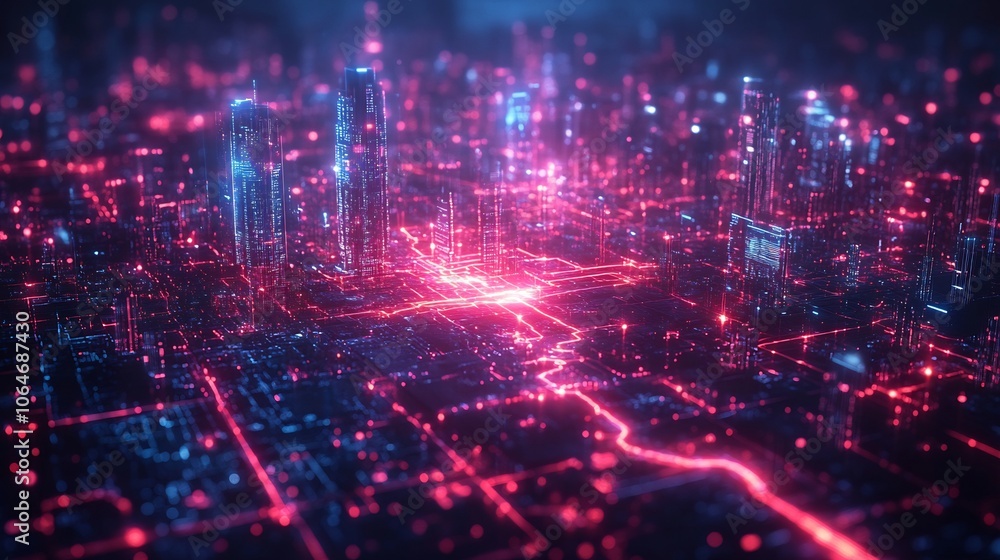 Obraz premium City map holographic security shields over key infrastructure points like power grids water systems and transportation showing cyber protection