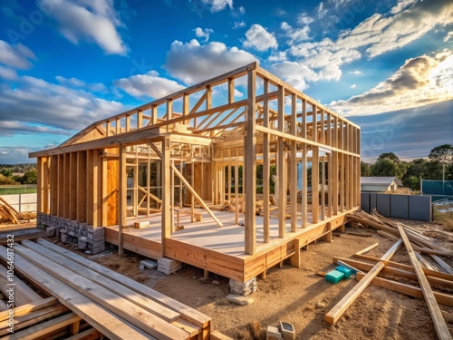 Documentary Photography of a Wooden Structure Under Construction at a Suburban Home Site in Australia, Highlighting the Carpenters' Craftsmanship in Residential Self-Build Housing Market