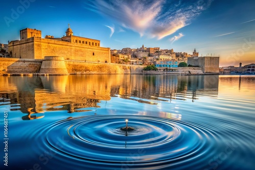 Documentary Photography of Fort St Elmo and the National War Museum in Valletta, Malta, Featuring a Tranquil Water Surface and Concentric Ripples under Blue Light photo