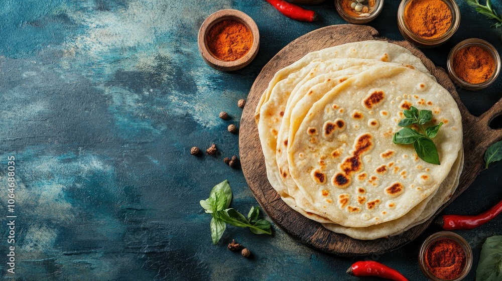 Freshly Made Flatbread with Spices on Rustic Table Freshly Made Flatbread with Spices on Rustic Table