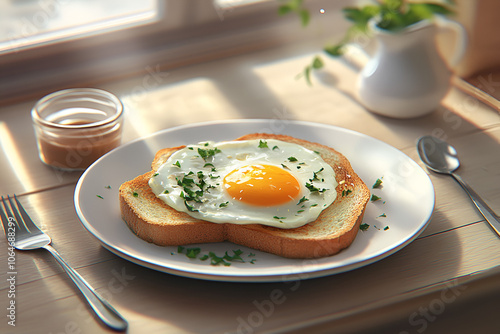 Experience the joy of a traditional breakfast featuring Pan Fri perfectly plated with sunny-side-up eggs on toasted bread garnished with fresh herbs. This mouthwatering dish brings a taste of comfort 