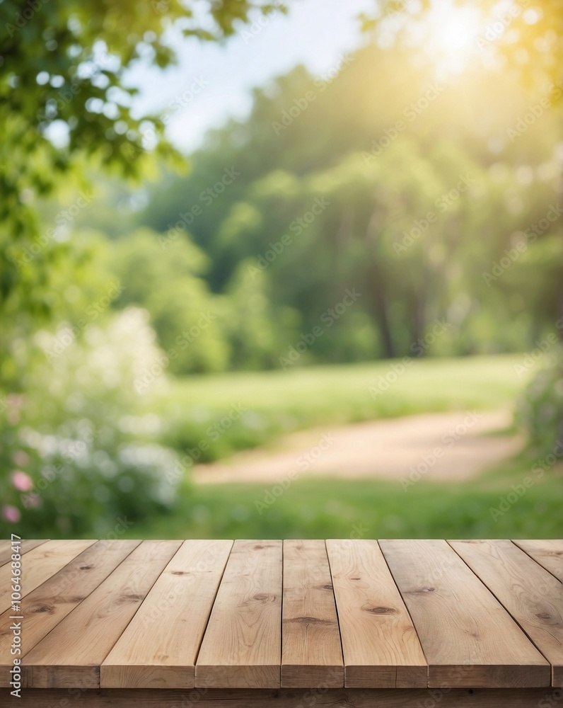 Summer landscape on empty wooden table background, for product placement and advertising, space for text Summer landscape on empty wooden table background, for product placement and advertising, space for text