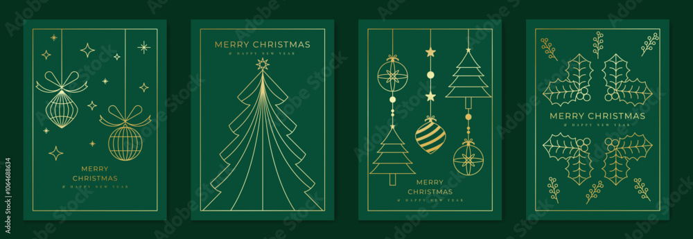 Luxury christmas invitation card art deco design vector. Christmas tree, star, bauble ball, candle gold line art on green background. Design illustration for holidays cover, season's greeting poster. Luxury christmas invitation card art deco design vector. Christmas tree, star, bauble ball, candle gold line art on green background. Design illustration for holidays cover, season's greeting poster.