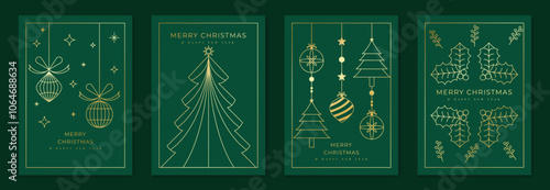 Luxury christmas invitation card art deco design vector. Christmas tree, star, bauble ball, candle gold line art on green background. Design illustration for holidays cover, season's greeting poster.