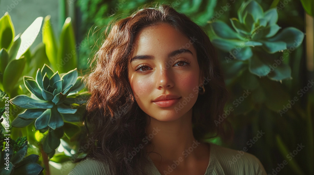 Young woman with curly hair poses among lush green plants in a serene indoor setting Young woman with curly hair poses among lush green plants in a serene indoor setting