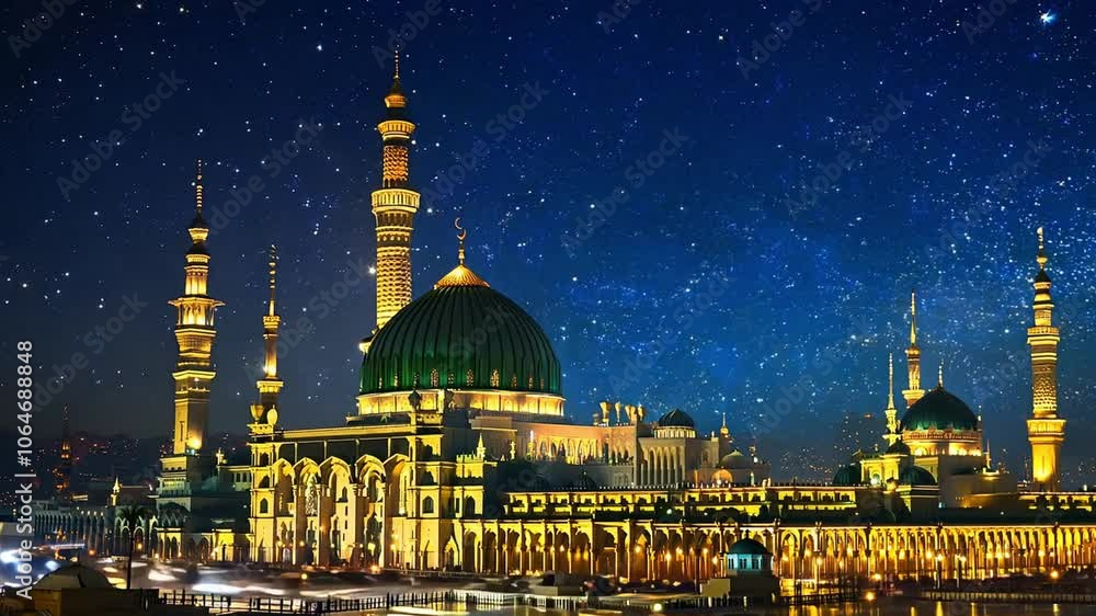 Beautiful mosque illuminated at night with a starry sky in the ...