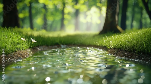 A babbling brook crossing a forest path, its clear water reflecting the surrounding trees and sunlight, creating a sense of serenity and peace.