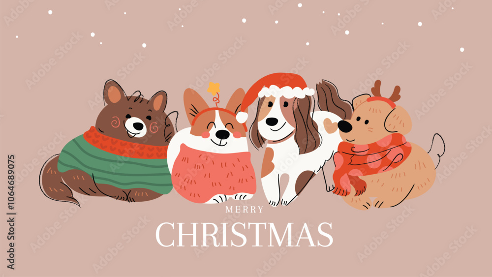 Merry christmas and happy new year concept background vector. Collection drawing of cute dogs with decorative scarf, ribbon, hat. Design for banner, invitation, holidays card, greeting, cover. Merry christmas and happy new year concept background vector. Collection drawing of cute dogs with decorative scarf, ribbon, hat. Design for banner, invitation, holidays card, greeting, cover.