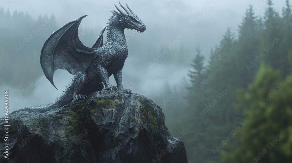 Dragon Perched on a Rock Cliff in Misty Forest Dragon Perched on a Rock Cliff in Misty Forest