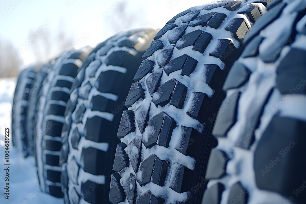 Fototapeta premium Winter tire. Detail of car tires in winter covered with snow.