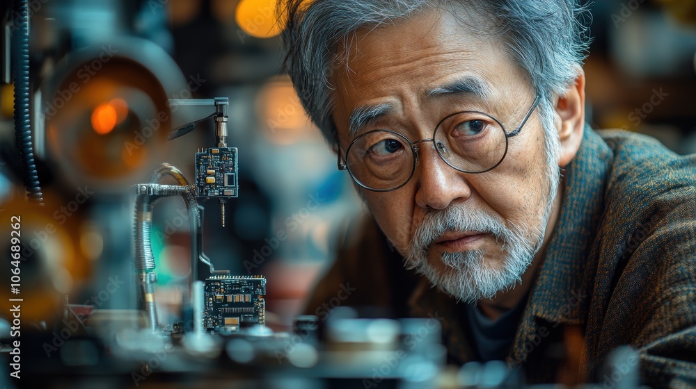 Japanese technician focuses on electronic assembly in factory setting