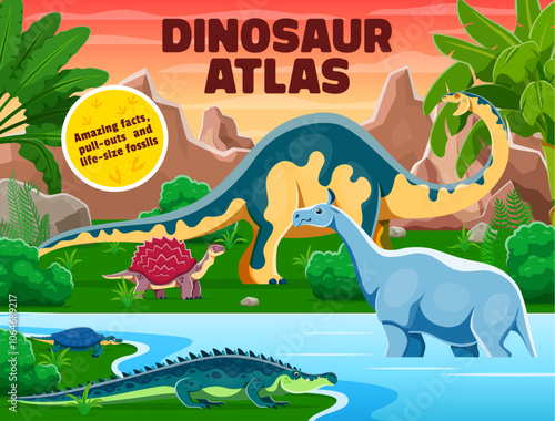 Atlas book cover with prehistoric dinosaurs and reptiles in jungle forest. Vector carbonemys, melanorosaurus, sarcosuchus, henodus and indricotherium dinosaur animals and prehistoric nature landscape