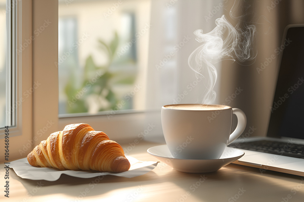 Hot cappuccino and croissants served on your desk in the morning. Before starting work, breakfast is an important meal for the body. Hot cappuccino and croissants served on your desk in the morning. Before starting work, breakfast is an important meal for the body.