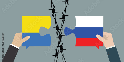 Bilateral political relations and cooperation between Russia and Ukraine. War conflict, countries separated by barbed wire, human hands not connect puzzle pieces with flags.