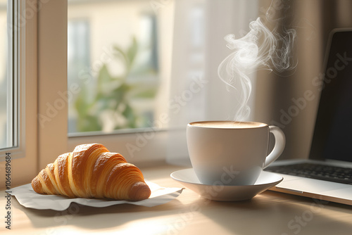 Hot cappuccino and croissants served on your desk in the morning. Before starting work, breakfast is an important meal for the body. photo