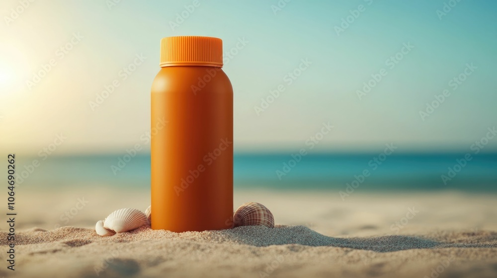 Bottle of vitamin infused sunscreen resting on a sandy beach surrounded by seashells in a serene tropical setting This still life image captures the essence of summer self care and wellness Bottle of vitamin infused sunscreen resting on a sandy beach surrounded by seashells in a serene tropical setting This still life image captures the essence of summer self care and wellness