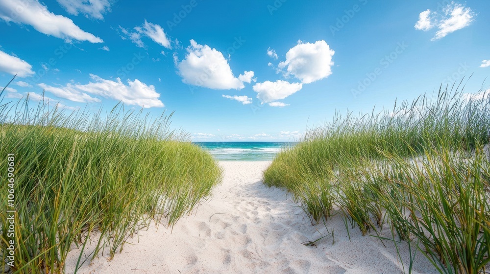 A sandy path winding its way through dunes covered in beachgrass, leading towards the ocean, where waves crash against the shore. A sandy path winding its way through dunes covered in beachgrass, leading towards the ocean, where waves crash against the shore.