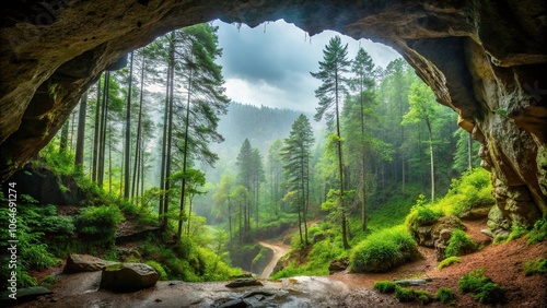 Fototapeta Naklejka Na Ścianę i Meble -  Wide-angle view of forest from cave during rainstorm