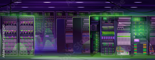 Modern data center room interior illuminated by green neon lighting effects. Server racks with bright indicators, monitoring panels, cooling ventilation systems and cables. Cyberpunk network equipment