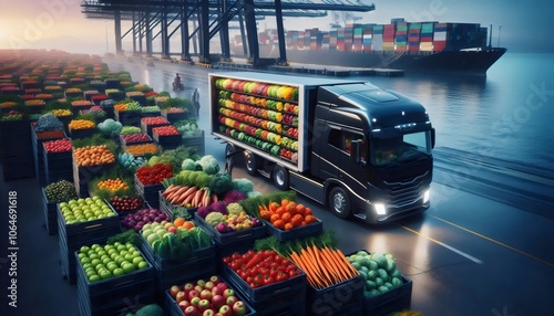 Produce Truck at Seaport: Cargo Ship, Containers, Abundant Produce