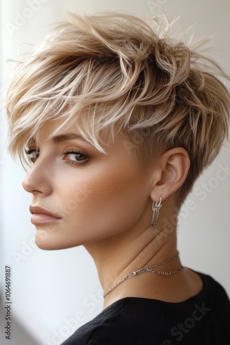 Stylish woman with short blonde hair