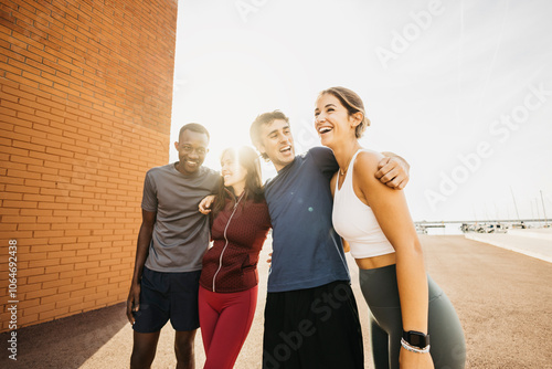 Cheerful group of friends enjoying a sunny day during an outdoor fitness session at the harbour. 
