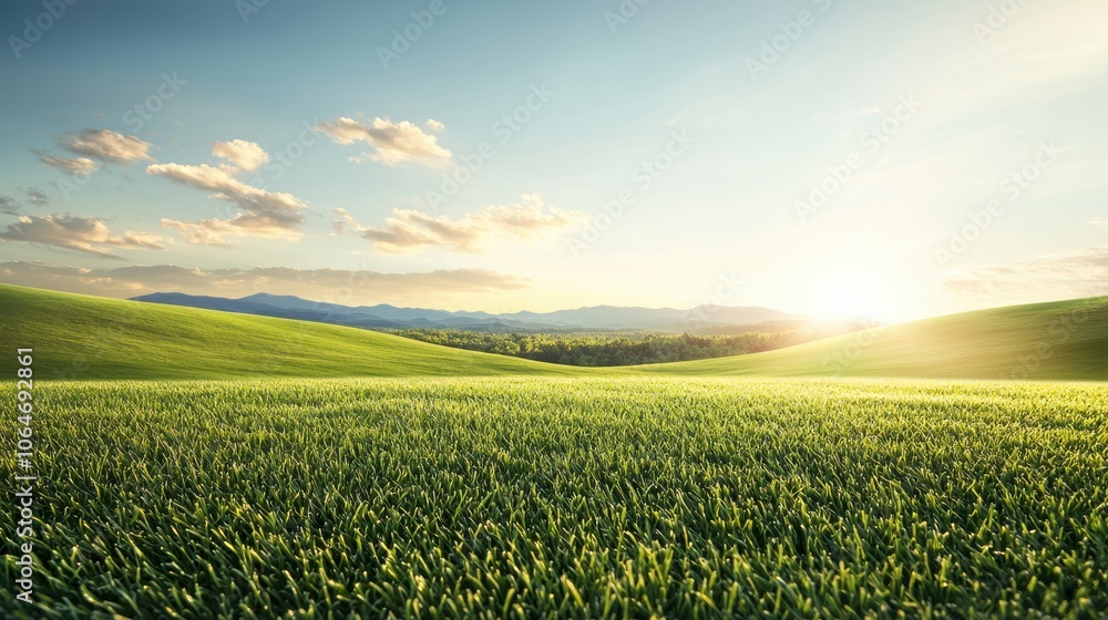 Fototapeta premium The setting sun casts a warm golden glow across a vast green field, creating long shadows and a peaceful, serene atmosphere.