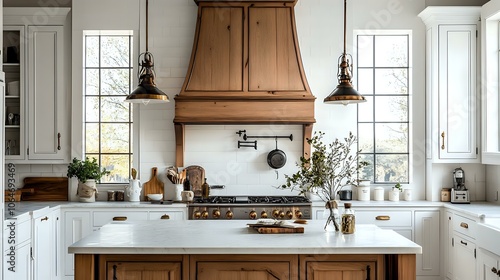 Custom wood hood in a traditional kitchen with white cabinetry, wooden floors, and vintage-inspired lighting
