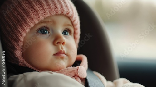 A mother tenderly and carefully adjusting the headrest of a car seat to ensure her baby girl s comfort and safety during the journey photo