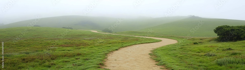 Fototapeta premium A winding path through lush green hills shrouded in fog, inviting exploration and tranquility.