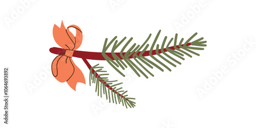 Pine tree branch with bow , flat vector illustration. Fir twigs with green needles isolated on white background. Winter holiday evergreen decoration, spruce or cedar elements,